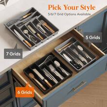 Silverware Drawer Organizer Tray, Plastic Cutlery Storage Kitchen Drawer, Flatware And Utensil Holder Divider Spoons Forks Knives Tableware, 5 Compartment, Black - 12.4 x 11.7 inch (6 Slots) + Black - View 6