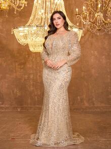 Đầm dạ hội dài tay cổ tim đính đá và sequin UNITHORSE, thích hợp cho các dịp trang trọng, đám cưới, trang phục nữ mùa thu xuân. - Rượu sâm banh - Xem 6