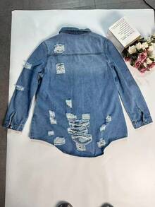 Áo khoác denim dáng lửng, rách nhẹ, chất liệu denim bạc màu, thích hợp cho nữ, cỡ lớn, mùa xuân. - Rửa nhẹ - Xem 4