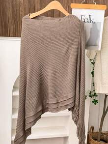 1pc Women Solid Color Poncho Asymmetrical Tassel Batwing Sleeve Sweater Cape Outerwear,Beach,Holiday - Multicolor - View 6