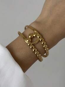 1pc Fashionable Geometric Line Stainless Steel 18K Gold Color Bracelet, Autumn/Winter Personalized Bangle Jewelry, Minimalist Wide Face Stackable High-End Women Bracelet