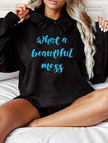 Women's Fashionable Black Hooded Sweater With What A Beautiful Mess Pattern Print - Warm Long-Sleeved Pullover, Casual Strap-On Hooded Sports Shirt, Suitable For All Seasons, Casual Pullover Shirt