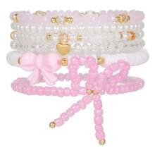 6pcs/Set Fashionable Heart & Bow Beaded Bracelet Set Women,Pearl Bow Set Women's Bracelet Sweet Bohemian Beaded Style - 粉色 - 查看 2