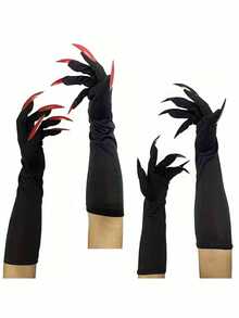 1pair Halloween Long Nail Ghost Gloves, Long Nail Role-Playing Arm Set, Black And White Design, Durable Polyester, Suitable For Theme Parties, Role-Playing Activities And Halloween Decorations, Halloween Costumes, Theme Event Accessories, Eerie Aesthetics, High-Quality Craftsmanship