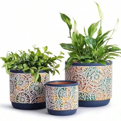3 Piece Ceramic Plant Pots Indoor Pots Set With Drainage Holes, 5.4. 3.5inch, Modern Decorative Pots Outdoor Plants Lilies, Cacti, Succulents, Snakes, And Blue