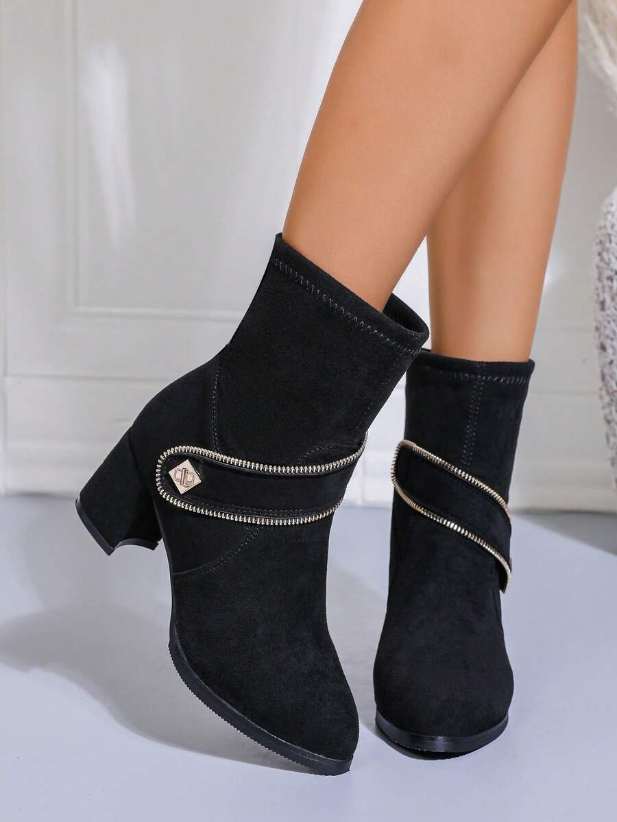 Damen Ankle Boots mit Blockabsatz und spitzer Zehenkappe, High Heel Elastikstiefel, Damen Slip-On Stiefeletten für Herbst/Winter