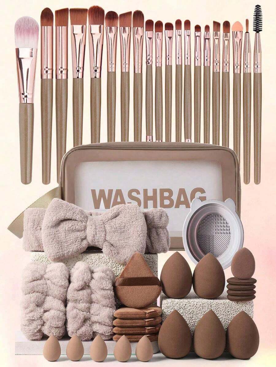 45pcs Makeup Brush Set, Mixed Makeup Beauty Tools, Including: 20pcs Makeup Brushes, 1pc Makeup Bag, 5pcs Beauty Eggs, 5pcs Powder Puffs, 5pcs Beauty Eggs, 5pcs Finger Powder Puffs, 1pc Headband, 2pcs Wristbands, 1pc Cleaning LKA0 - Hồng - Xem 1