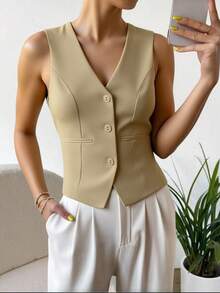 Women's Simple Solid Color Sleeveless Blazer Vest For Daily Wear - 米色 - 查看 1