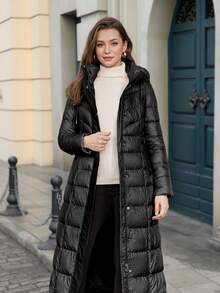 ZIAI 1pc Solid Color Hooded Waisted Long Sleeve Padded Coat, Winter, Ladies Winter Casual Belted, Pocket, Zipper Regular Sleeve Hooded Regular Fit Black Plain Women Padded Coats, Winter Warmth/ Winter Fashion - Black - View 5