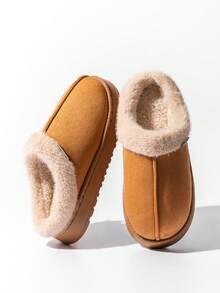 Sandal Bulu Unisex, Sandal Dalam Ruangan Anti Selip Hangat Nyaman Warna Polos Berbulu dengan Ujung Tertutup, Cocok untuk Musim Gugur/Musim Dingin - Khaki - View 5