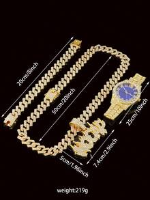 1 Set Alloy Full Diamond Letter "NOCAP" Pendant 15mm Rhombus Cuban Chain Necklace, Bracelet, Blue Watch, Personalized Men's Hip Hop Style Accessories - Red - View 7