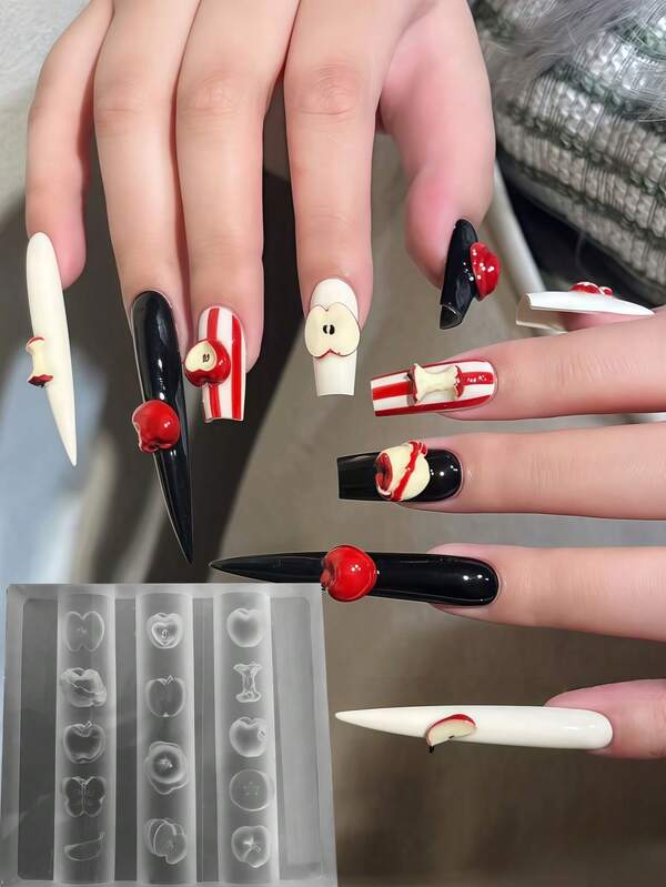 Moldes populares de silicone para decoração de unhas, moldes de decoração 3D para unhas de maçã, cereja e morango