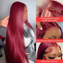 99J Colored Lace Front Human Hair Wigs Straight Burgundy 13x4 HD Transparent Full Lace Frontal Wig Red Glueless Wigs For Women - S99J - 查看 3