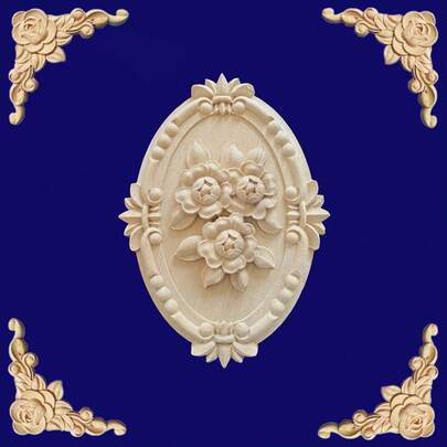 5 件未上漆木质雕刻玫瑰花镶嵌装饰贴花，8.26x5.9 英寸，适用于橱柜、门、家具、墙壁、入口通道、办公室、节日、DIY 装饰