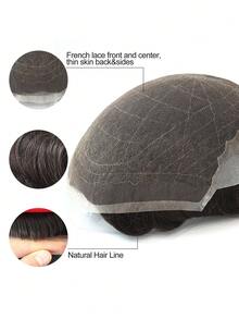 男士自然黑色 100% 真人发质假发 - Q6 法式蕾丝前假发，逼真发际线，手工绑制 8X10 毛细血管假体