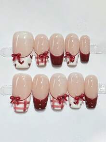 10片装纯色按压式美甲贴片，长款棺材形美甲，酒红色系列，手绘格子爱心法式波点立体红色蝴蝶结装饰，温柔优雅可爱，适合女士和女孩春夏秋冬节日派对及日常生活美甲用品，手工按压式美甲贴片 - 紅白色 - 查看 1