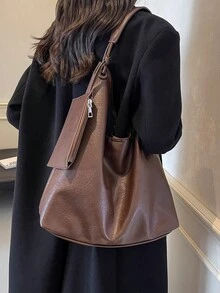 Túi đeo vai nữ mùa Thu/Đông mới, chất liệu vải mờ màu cà phê, túi xách công sở mềm mại hiện đại, kiểu dáng tối giản với dây đeo điều chỉnh được và ngăn đựng tiền xu. - màu nâu - Xem 4