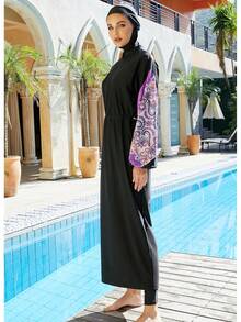 Burkini Muslim Women's Swimsuit Plain Islamic Swimsuit Printed Long Sleeved Full Set 3PCS Set Beach Wear With Hat