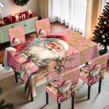 1/4/5/6/7/36 pièces Ensemble de housse de chaise/housse imprimé Père Noël tenant une boîte-cadeau et renne, convient pour la maison, le restaurant, l'hôtel, idéal pour la décoration quotidienne moderne. La nappe s'adapte à une table de salle à manger carrée, la housse de chaise élastique est lavable.