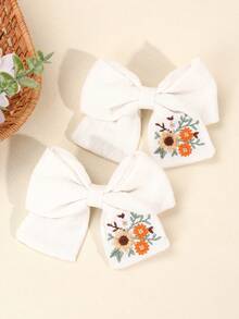 2pcs White Floral Embroidery Bow Hair Clips, Simple & Fashionable For Teens - White - View 8