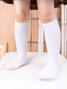 5 Pairs Girls Ribbed Knee High Socks, White Everyday Versatile Socks For Girls