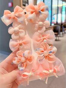 10pcs Cute Floral Bow Hair Clips, Sweet Cartoon Bow Decor Hair Accessories, Real Item Packaging Without Card - Orange - View 5