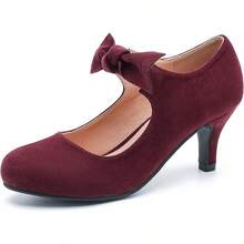 Women's Cute Bow Heels Mary Jane Kitten Heel Pumps Closed Round Toe Low Heels Ankle Strap Wedding Evening Party Dress Office Work Church Shoes-20256688 - 勃根地絨面革 - 查看 1