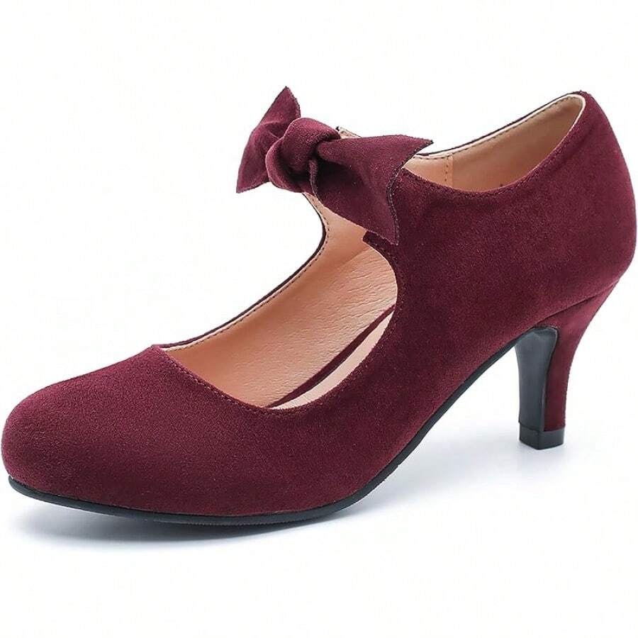 Women's Cute Bow Heels Mary Jane Kitten Heel Pumps Closed Round Toe Low Heels Ankle Strap Wedding Evening Party Dress Office Work Church Shoes-20256688 - 勃根地絨面革 - 查看 1
