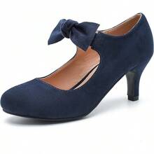 Women's Cute Bow Heels Mary Jane Kitten Heel Pumps Closed Round Toe Low Heels Ankle Strap Wedding Evening Party Dress Office Work Church Shoes-20256688 - 海軍藍絨面革 - 查看 1