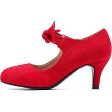 Women's Cute Bow Heels Mary Jane Kitten Heel Pumps Closed Round Toe Low Heels Ankle Strap Wedding Evening Party Dress Office Work Church Shoes-20256688 - 紅色絨面革 - 查看 6