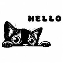 ملصق حائط قابل للإزالة بشكل قطة سوداء كرتونية مكتوب عليها "مرحبا"، مناسب لديكور غرفة النوم وغرفة المعيشة وديكور الحائط المنزلي