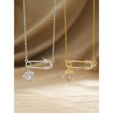1pc Fashion Pin Heart Zirconia Necklace, High-Quality Cubic Zirconia, A Gift For Women, For Daily Wear - Bạc - Xem 2
