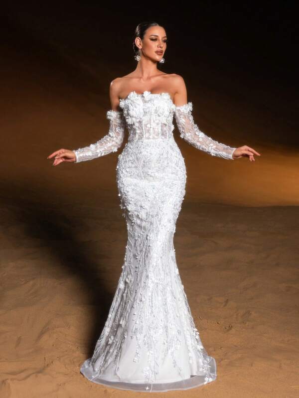 Faeriesty Haute Glamour Exquisite Off-Shoulder Sparkly Beaded Evening Gown With 3D Floral Embroidery, Sheer Sleeves & Mermaid Hem & Floor-Length For Weddings, Proms, Galas & High-End Gatherings For Women