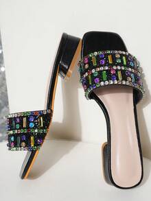 Women's Agate Crystal Embellished Colorful Chain Sandals, Luxury Rhinestone Beach Vacation Party Wedge Slippers,Spring Summer Outfits - Black - View 6