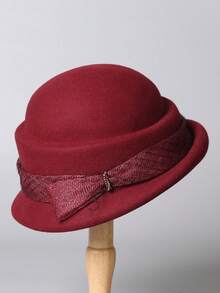 1 peça novo chapéu francês elegante versátil outono/inverno redondo de lã feltro, aba virada para cima decoração de laço chapéu de balde de aba pequena inverno quente