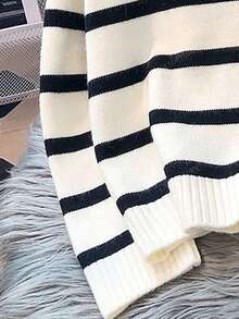 Suéter de rayas con solapa, moda simple y versátil, diseño de costuras en contraste en blanco y negro, suéter tipo pulóver de otoño e invierno