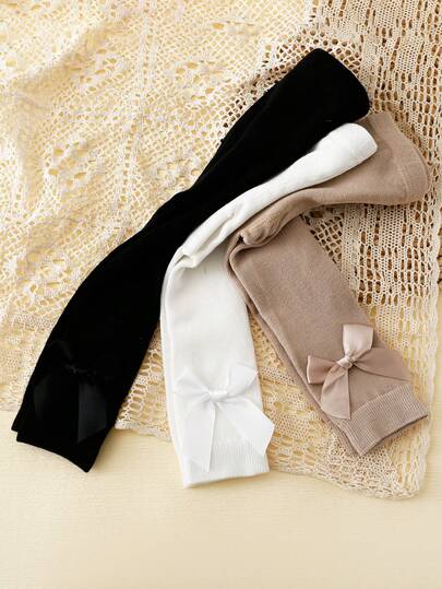 3 Pairs Girls' Cute Bow Decor Tight Leggings, Suitable For Girls' Daily Life And School Uniform, Spring/Autumn/All Season