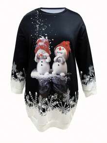Plus Size Women Christmas Snowflake & Snowman Print Long Sleeve Dress, Autumn/Winter - Black - View 3