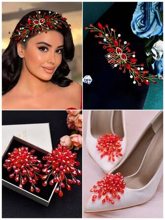 1 Set Elegant Red Rhinestone Hair Clip, Hair Comb, Shoe Buckle Set, Bridal Headpiece, High Heels, Detachable Shoe Clips, Wedding Photography Accessories