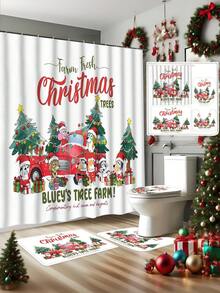 [Christmas Bluey Shower Curtain Window Curtain Set] 1/3/4pcs Christmas Solid Color Santa Hat Bluey Family And Friends Holiday Pattern Printed Shower Curtain Set, Modern Design, Suitable For All Seasons, Waterproof Polyester Hooks And Lining, Flannel Material, Soft Surface, Absorbent Anti-Slip Bathroom Mat, Bathroom Set Includes U-Shaped Mat, Toilet Mat, Anti-Slip Bathroom Mat And Bathroom Accessories, Home Decor, Holiday Decor, Christmas Gift, Daily Decor, Gift Giving