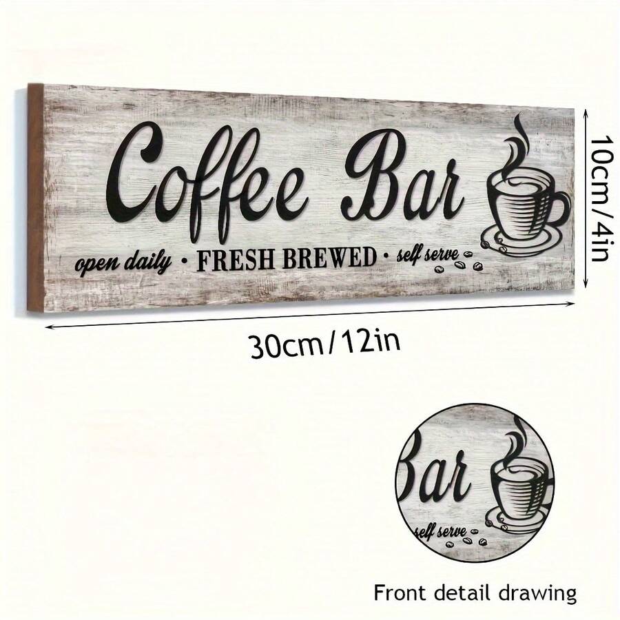 1pc, Retro "Coffee Bar" Wall Sign - Rustic Kitchen Decor, Fresh Brewed Theme, Buffet Board, Weathered Wood Design, Distressed White Background With Black Lettering, Coffee Cup Illustration, Perfect For Coffee Shops Or Home Decoration, Coffee Bar Accessories, 30*10cm(12*4inch)
