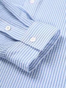 Men's Henley Shirt | Linen Texture Shirt, Stand Collar Design, Lightweight Breathable Long Sleeve Vacation Top, Loose Fit, Suitable For Vacation, Party, Office Wear, Unique Casual Men's Gift, Blue Men's Shirt, Essential For Autumn - Blue - View 4