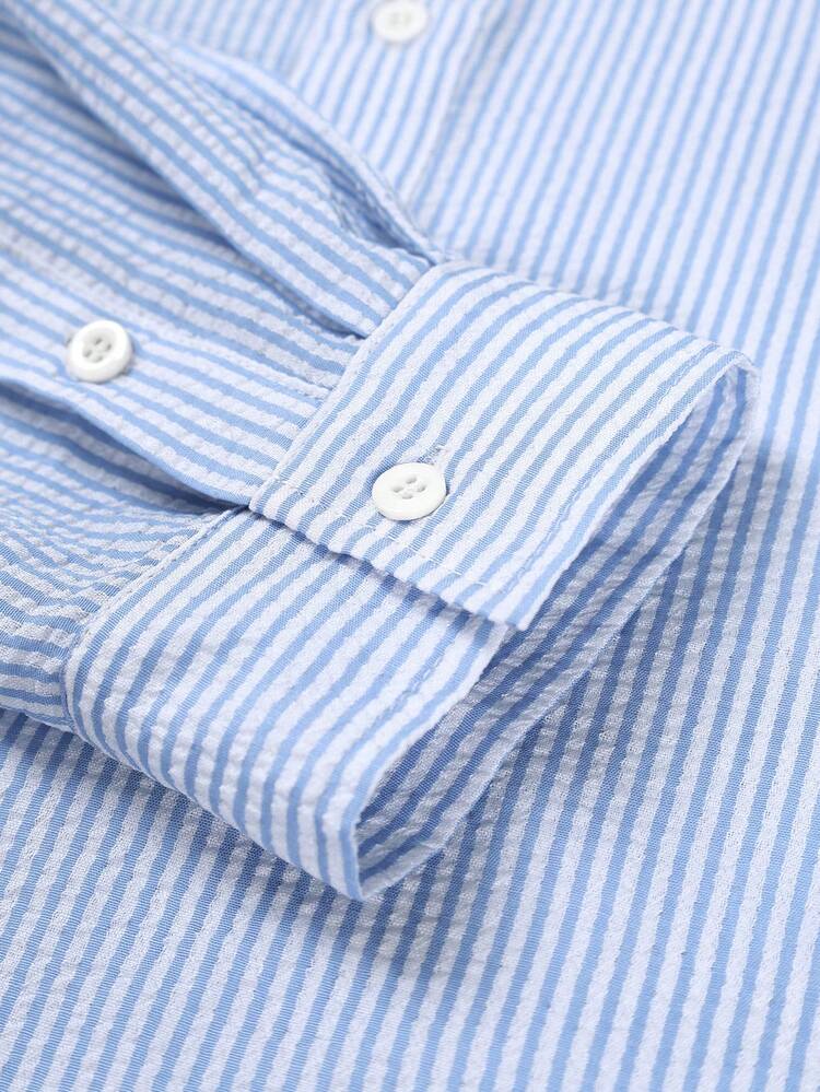 GloMan Men's Half Placket Shirt, Textured Linen Shirt With Mandarin Collar, Lightweight Breathable Long Sleeve Resort Top, Relaxed Fit For Vacation Party Office Wear, Unique Casual Gift For Him,Blue Shirts Men - Blue - View 4