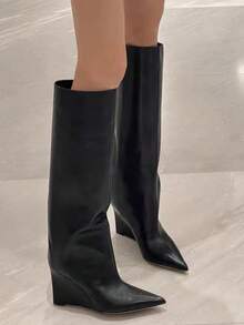 Fall/Winter 2025 Spring/Summer New European & American Pointed Toe Tall Boots Women, Slim Fit Straight Leg Shaft, Wedge Heel Riding Boots,Knee High Boots - Black - View 1