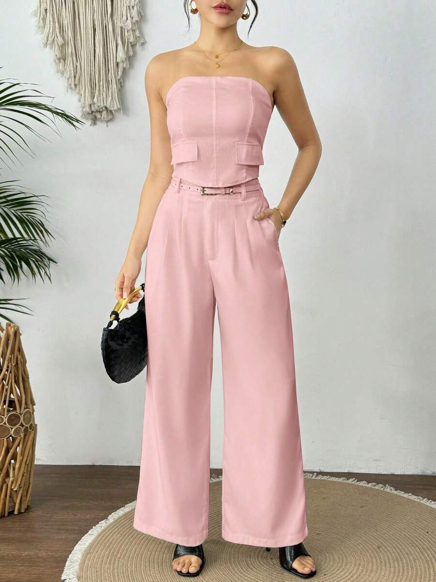Conjunto de 2 piezas para mujer elegante top strapless y cinturon decorativo unicolor para uso formal o casual - Rosa - Ver 1