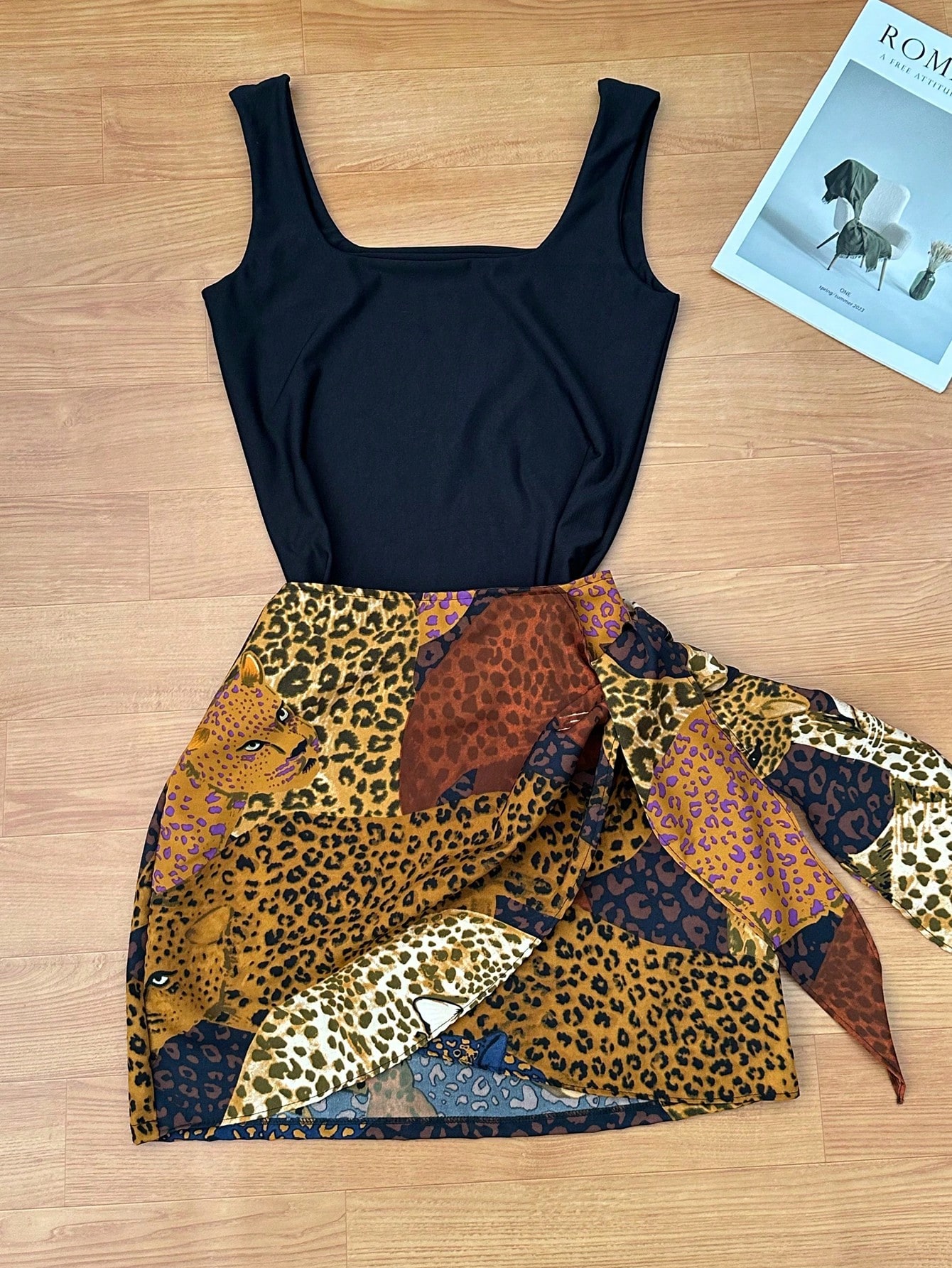 Women Casual Square Neck Top with Short Wrap Skirt Two Piece Set Simulated Effect Printing... Women Casual Square Neck Top with Short Wrap Skirt Two Piece Set Simulated Effect Printing...