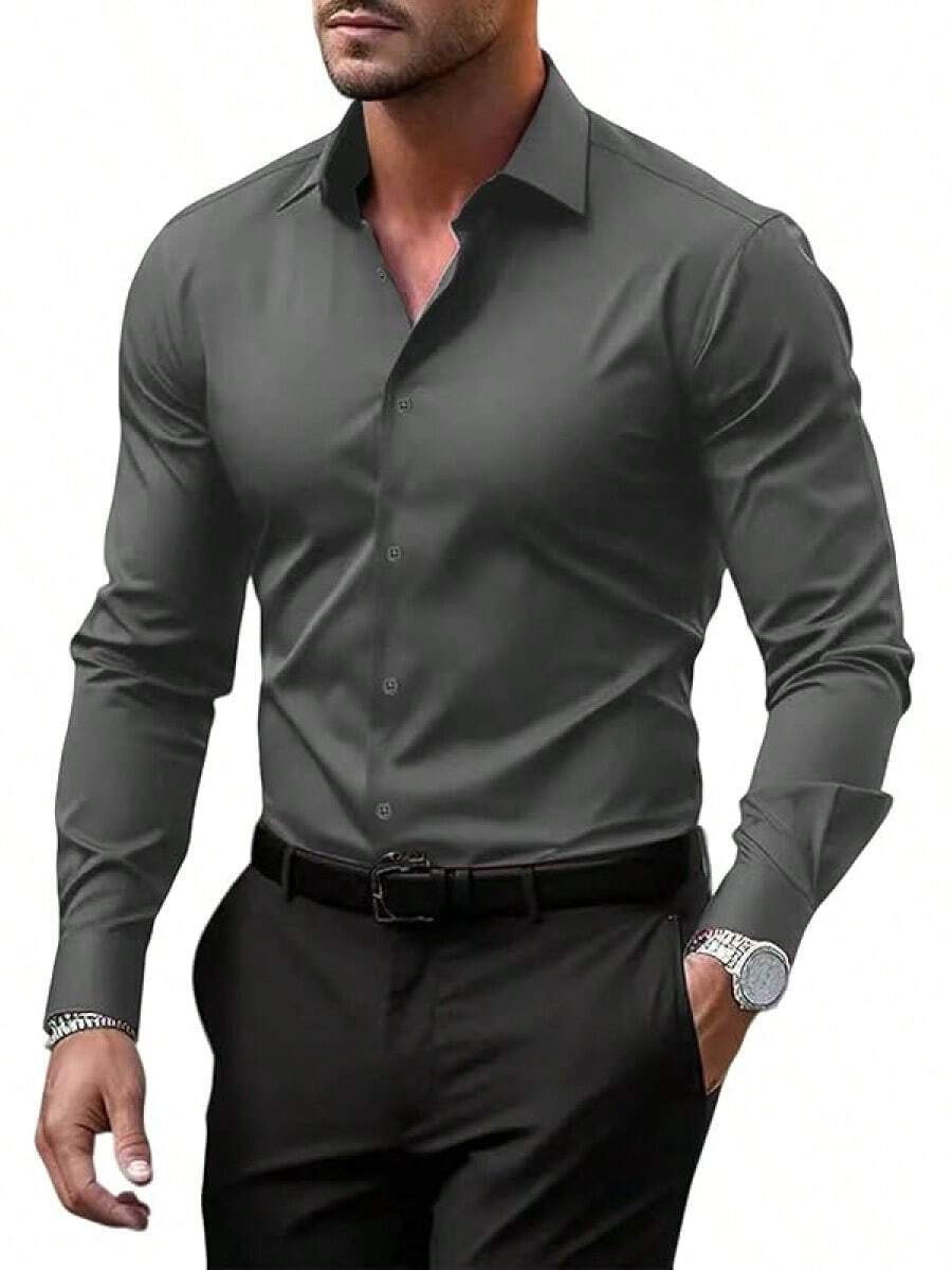 Men's Wrinkle Dress Shirts Formal Long Sleeve Button Down Wedding Business, Style - Dark Grey - View 1