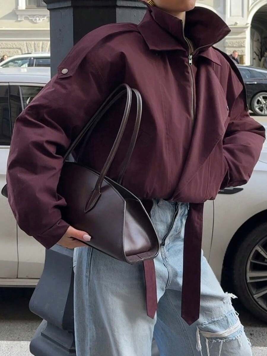 Doriss 双层立领翻扣腰带外套，学术氛围，时尚辣妹风，返校季，外出上衣，秋冬季，万圣节春季 - 酒紅色 - 查看 1