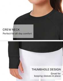Girls Long Sleeve Shirts Athletic Shirt With Thumb Holes Kids Crew Neck Basic Tee Tops For Sports Gym Yoga - 玫紅色 - 查看 11