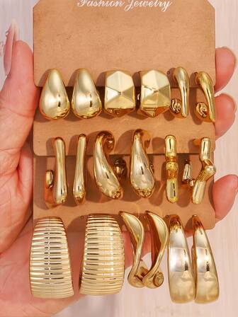 3-9 Pairs Fashionable Geometric Textured Stud Earrings Set, CCB Resin UV Plated Gold Earrings, Everyday Wear, Gift For Girlfriend/Family/Friends